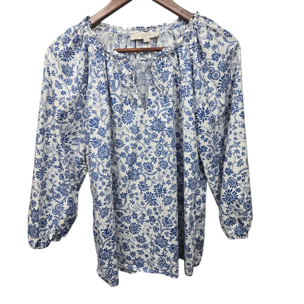 LOFT Blue White Floral Cotton Modal Peasant Blouse‎ Womens Size M Tie Neck Top